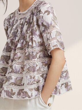 WILFRED Cream Purple Floral Beaudry Embroidered Short Sleeve Blouse